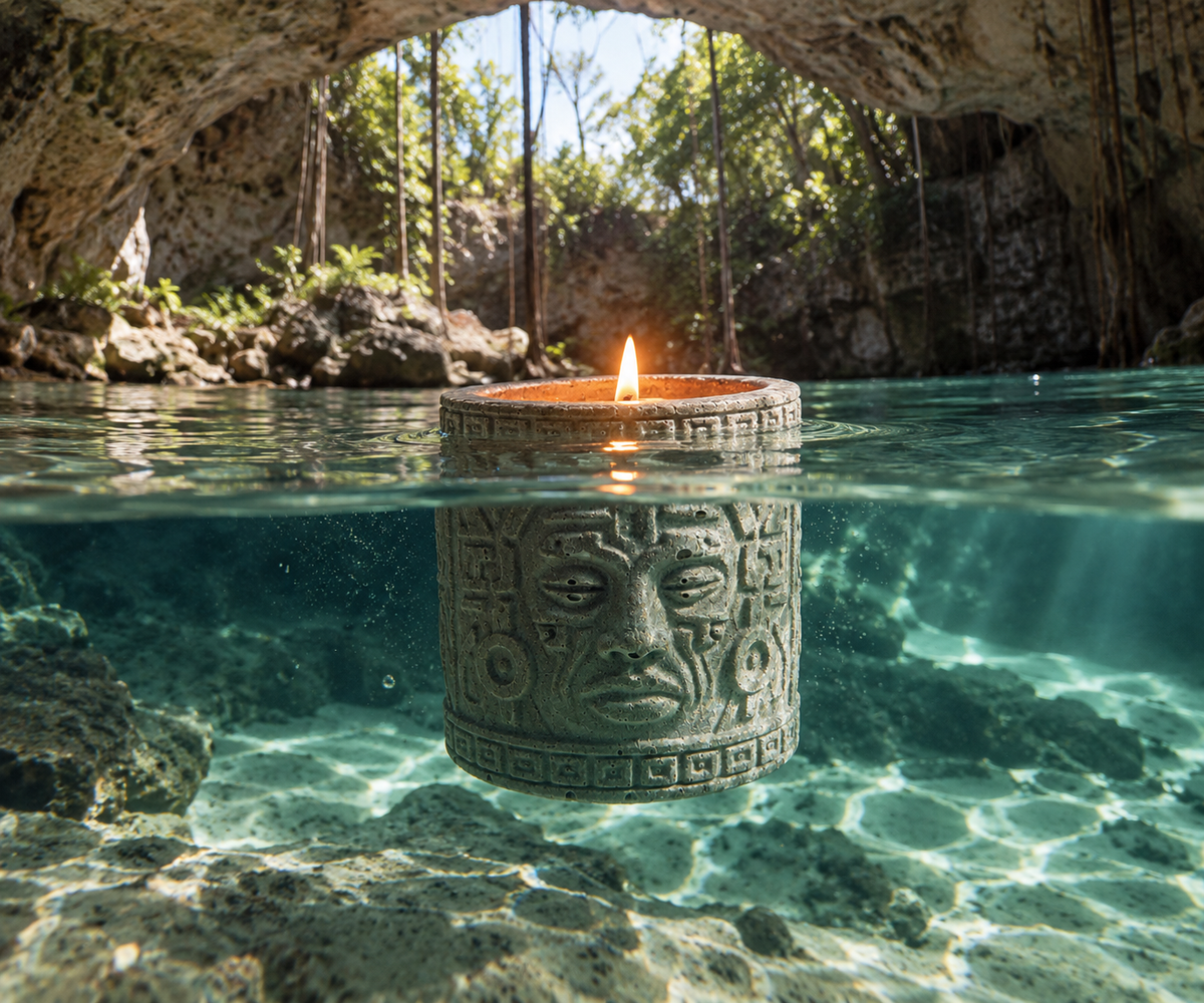 Itzamná candle with water-inspired imagery from the Imperio Maya collection