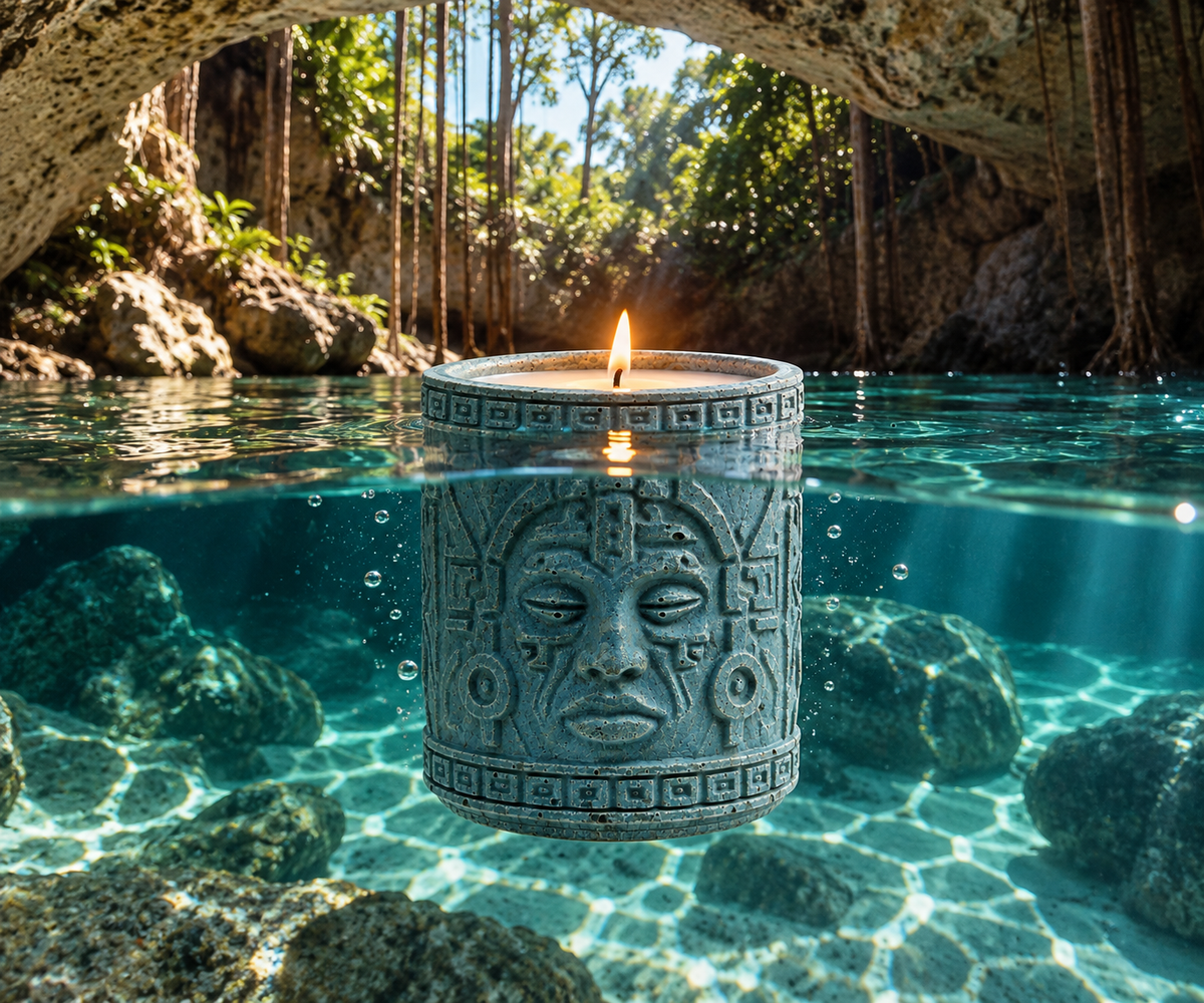Chaac candle with water-inspired imagery from the Imperio Maya collection